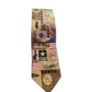Eagles Wings Mens US Army Patriotic Silk Tie Honor Freedom Military Collage Tan